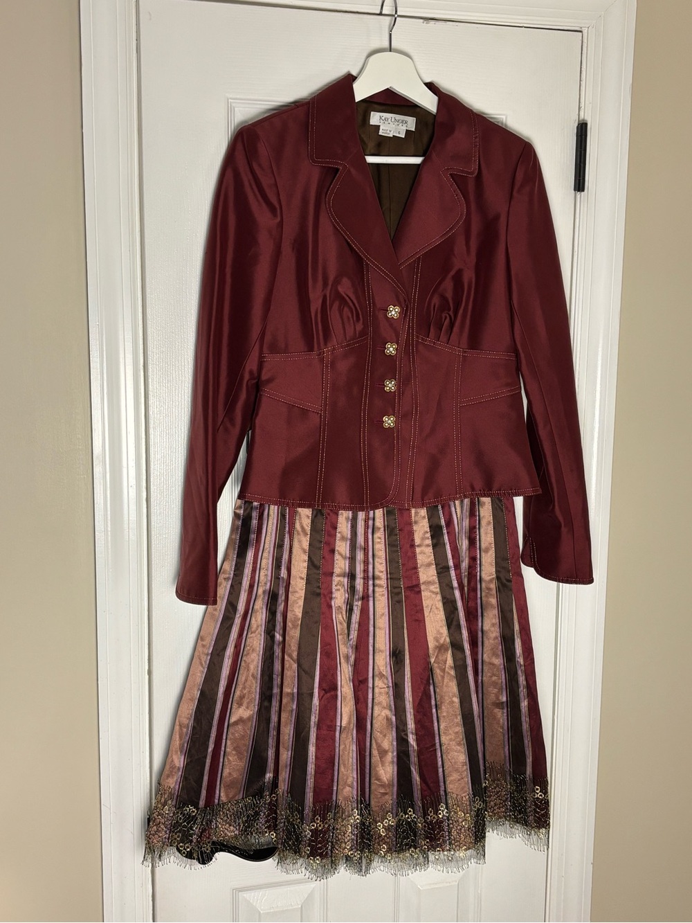 Vintage Kay Unger 100% Silk 2PC Skirt Suit Lace Trim Size 6